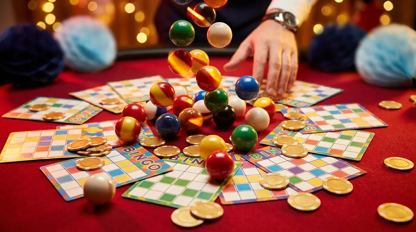 Bolas de bingo y fichas de casino sobre mesa con colores españoles
