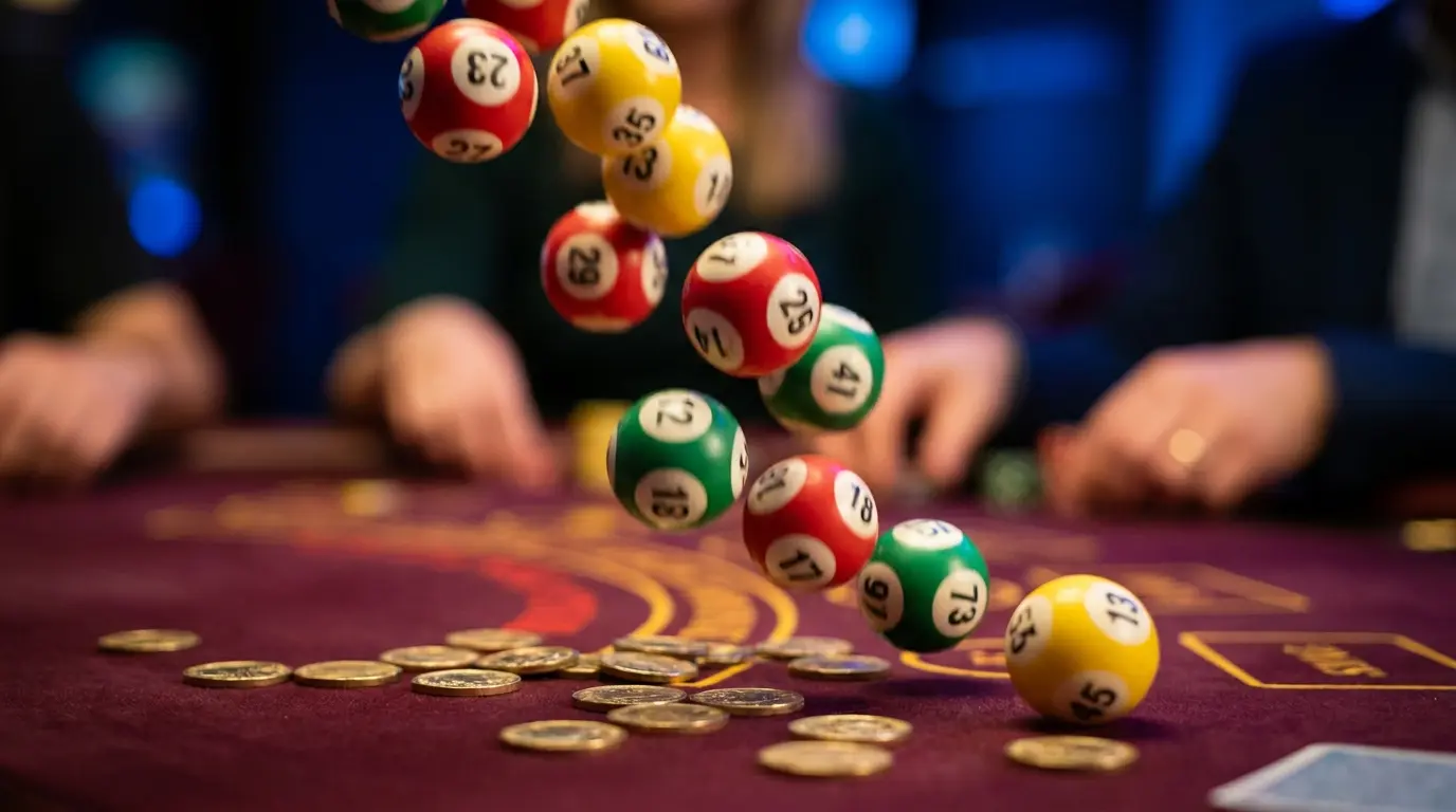 Bolas de bingo coloridas cayendo con monedas doradas