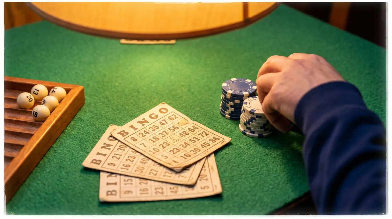 Cartones de bingo y bolas numeradas sobre mesa de casino verde