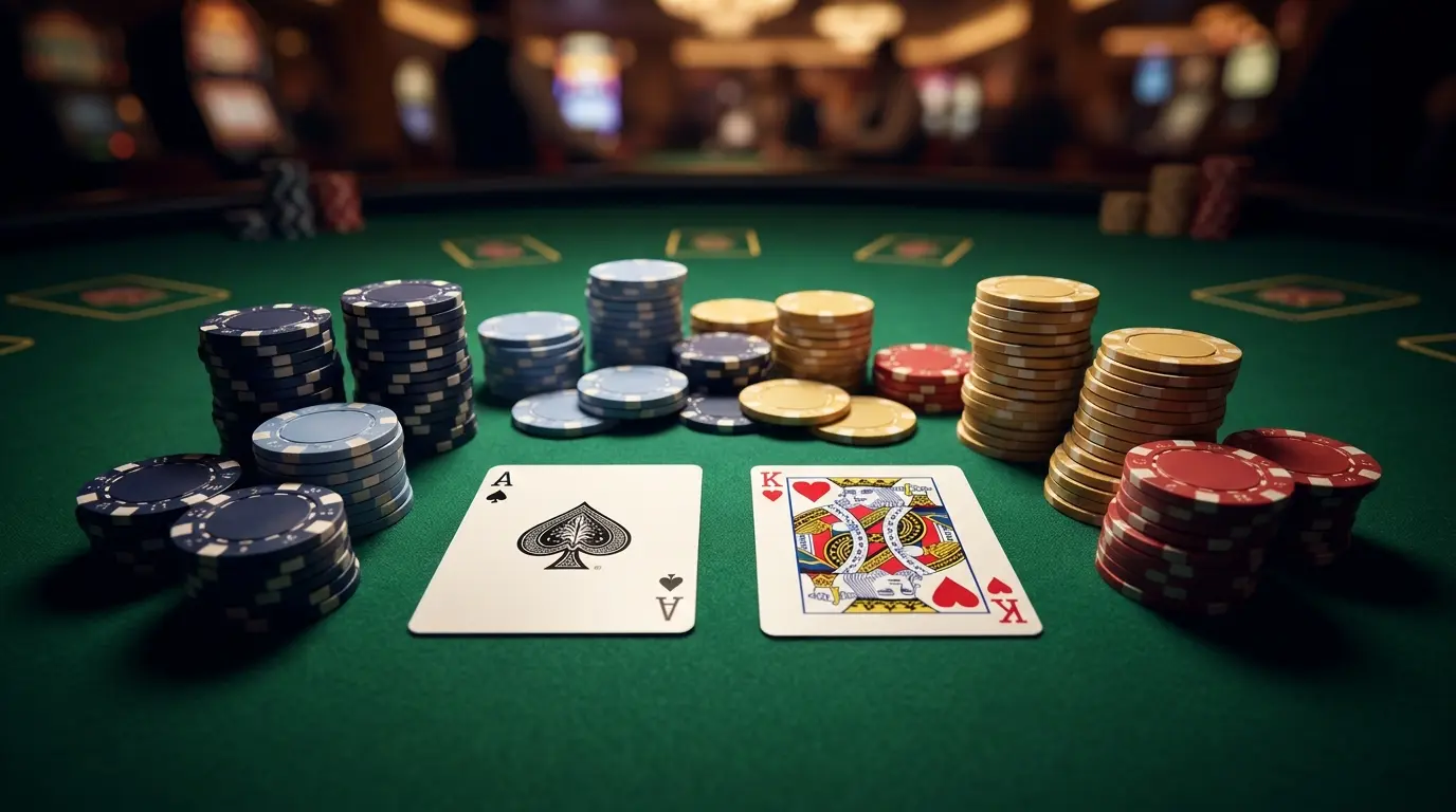 Cartas de blackjack con fichas de casino sobre mesa de fieltro verde
