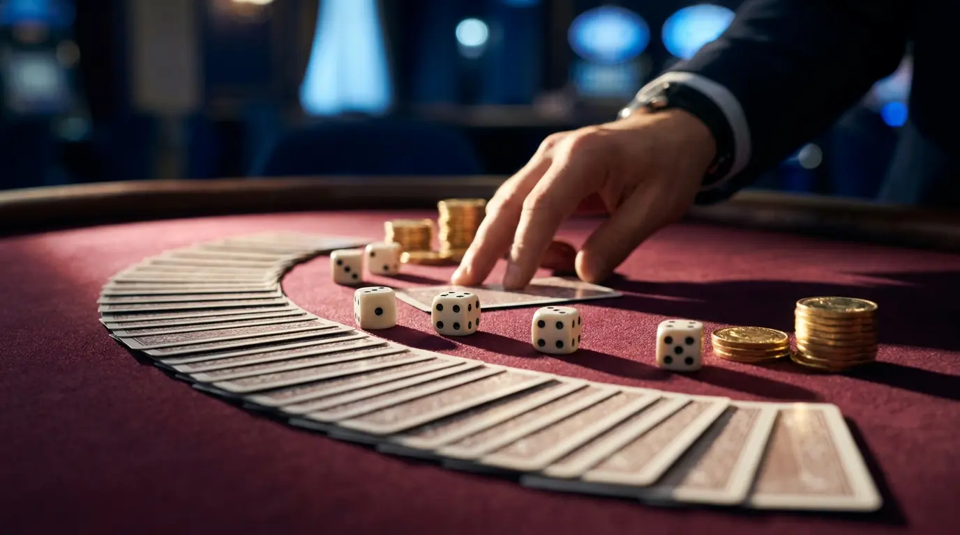 Cartas de póquer y dados en mesa de juego elegante