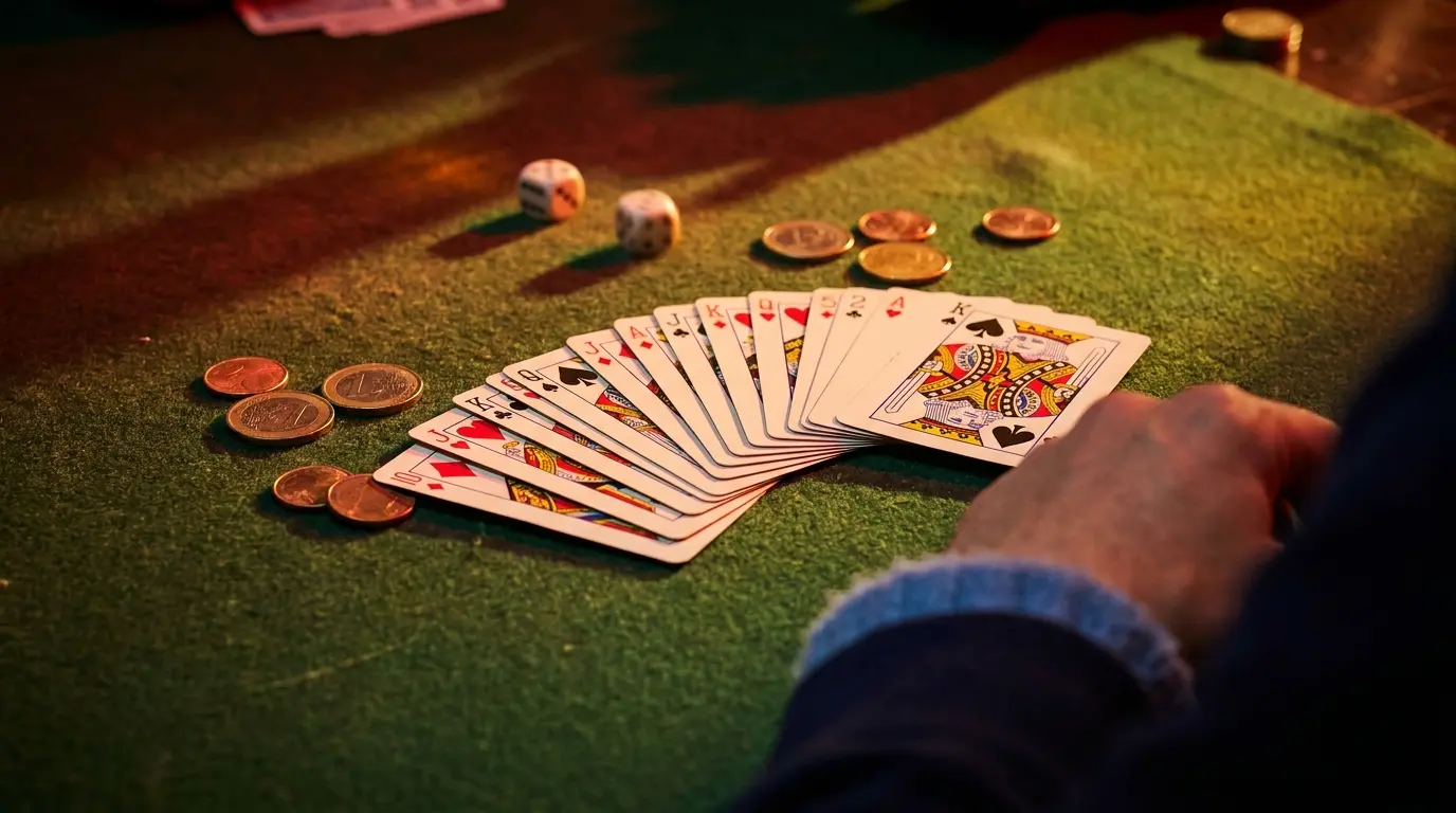 Cartas de poker y monedas de euro en mesa de casino
