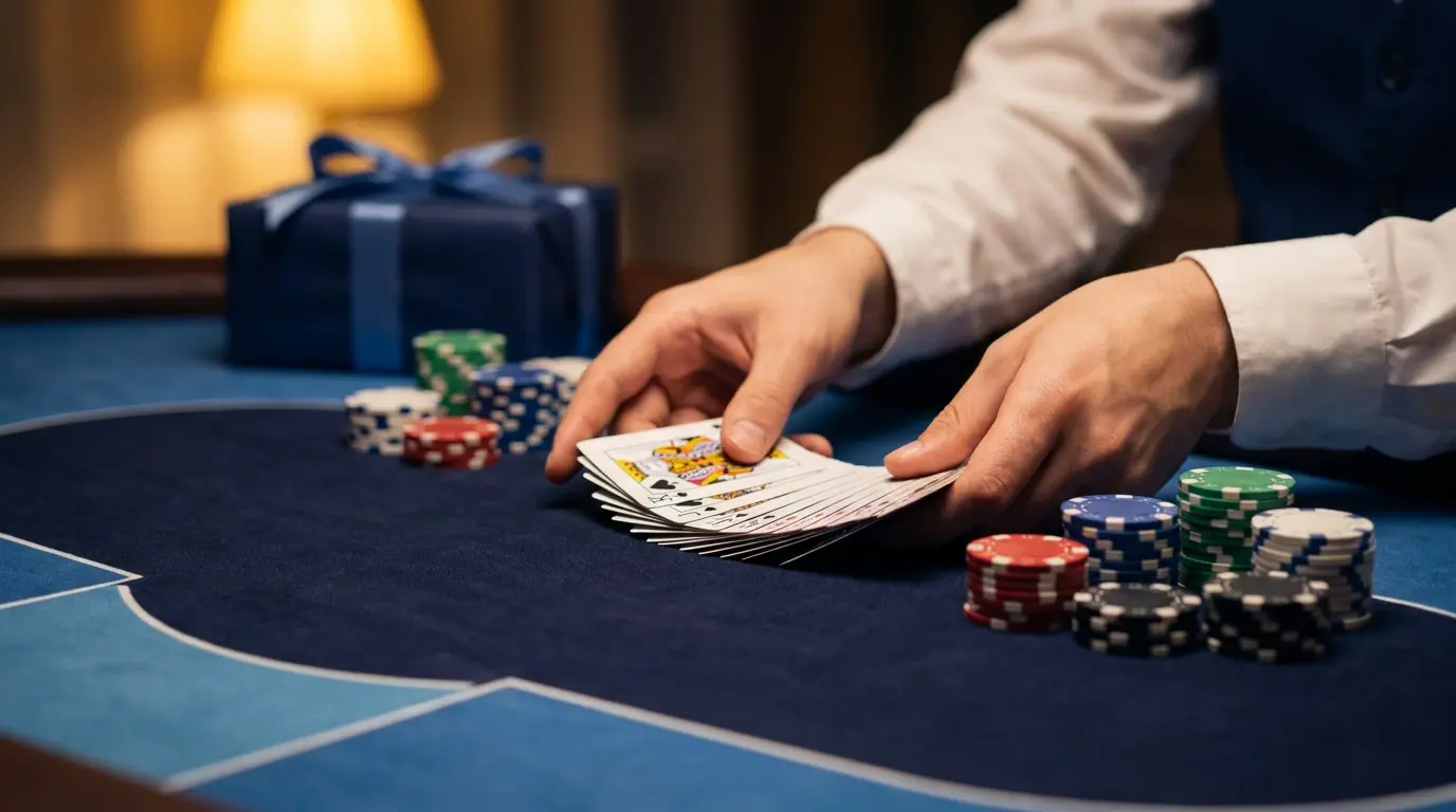 Cartas y fichas de casino con caja de regalo representando bonos