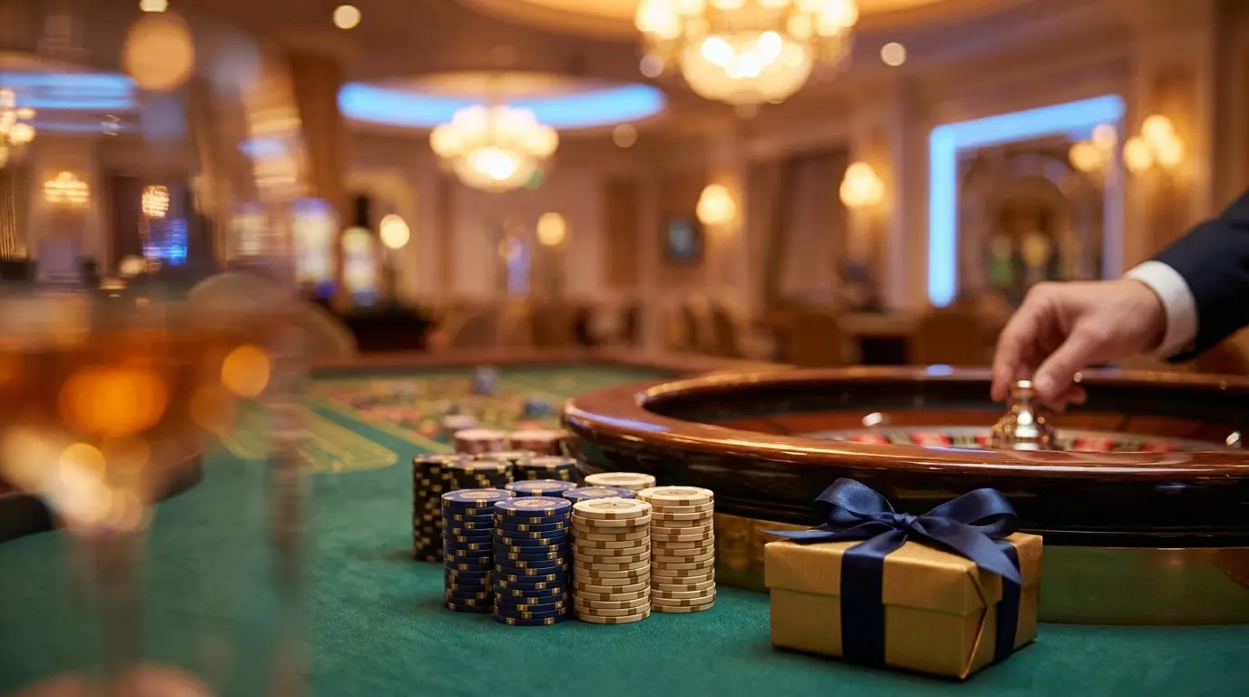Fichas de casino y caja de regalo sobre mesa de ruleta