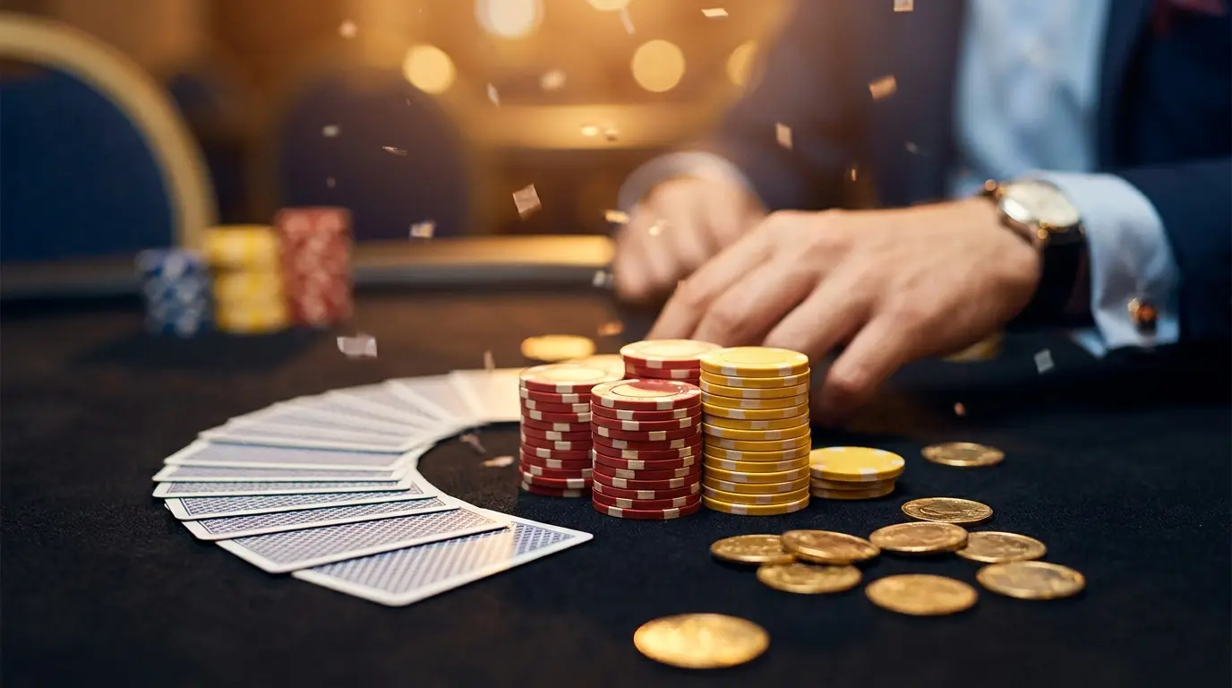 Fichas de casino y cartas sobre mesa de fieltro negro