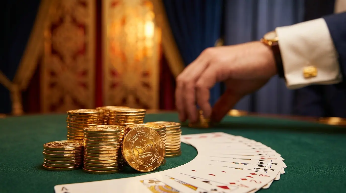Fichas de casino doradas apiladas junto a cartas sobre mesa verde