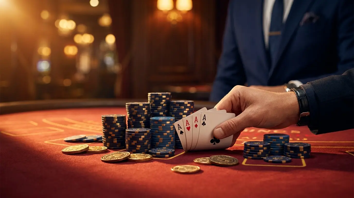 Fichas de casino y cartas sobre mesa de juego con monedas