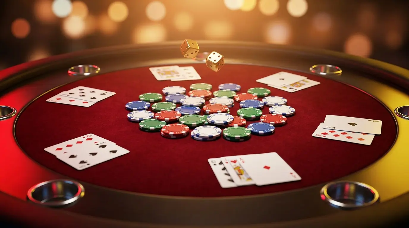 Fichas de casino y cartas sobre mesa de fieltro rojo con dados
