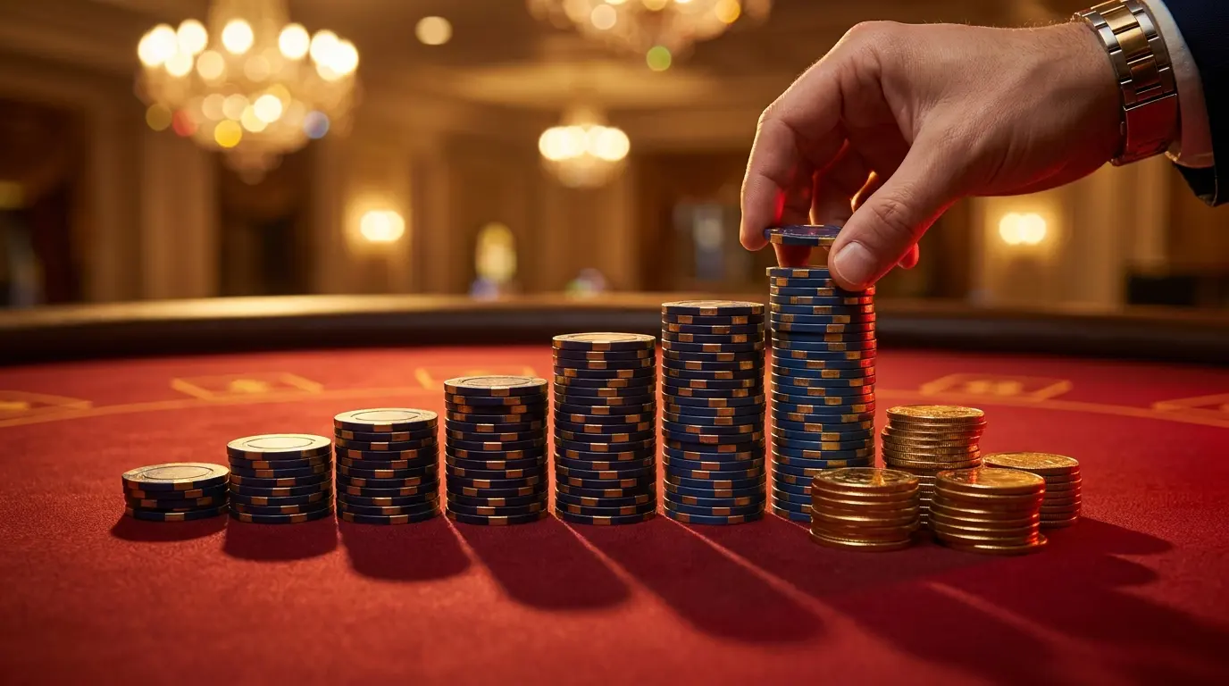 Fichas de casino y monedas doradas sobre mesa de fieltro rojo