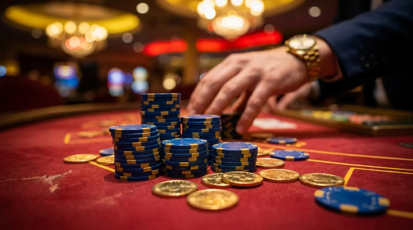 Fichas de casino y monedas doradas sobre mesa de fieltro rojo