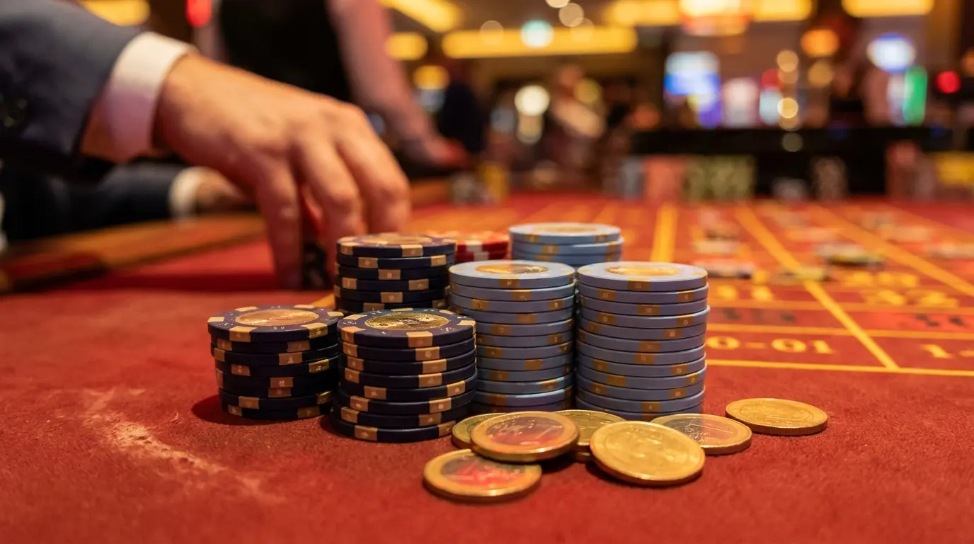 Fichas de casino y monedas de euro sobre mesa de fieltro rojo