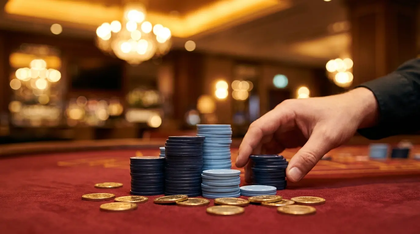 Fichas de casino y monedas doradas sobre mesa de terciopelo