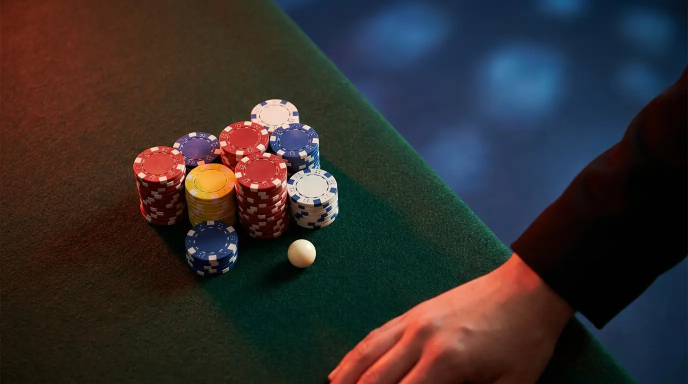 Fichas de casino y bola de ruleta vista cenital