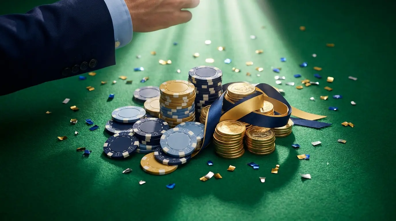 Fichas de casino y monedas con cinta promocional sobre mesa verde