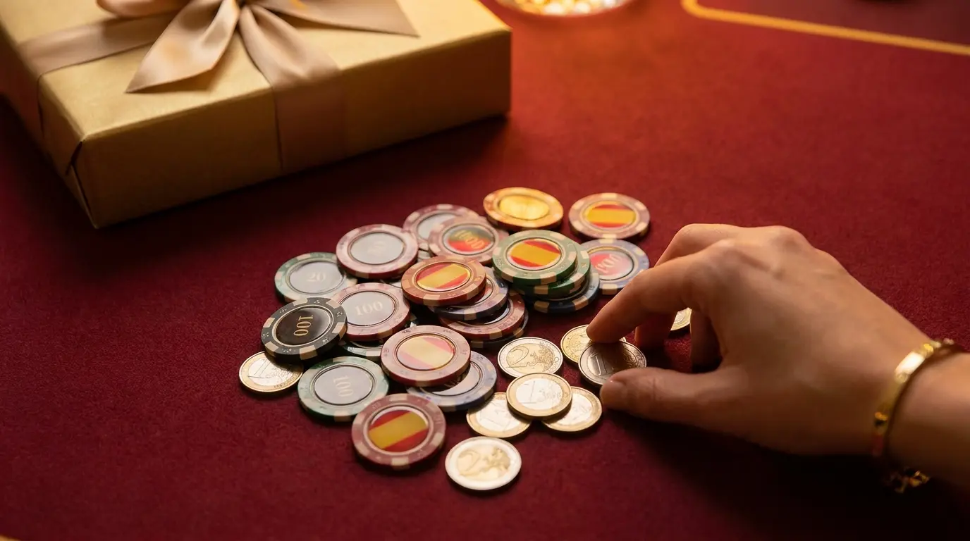 Fichas de casino y monedas sobre mesa con colores españoles