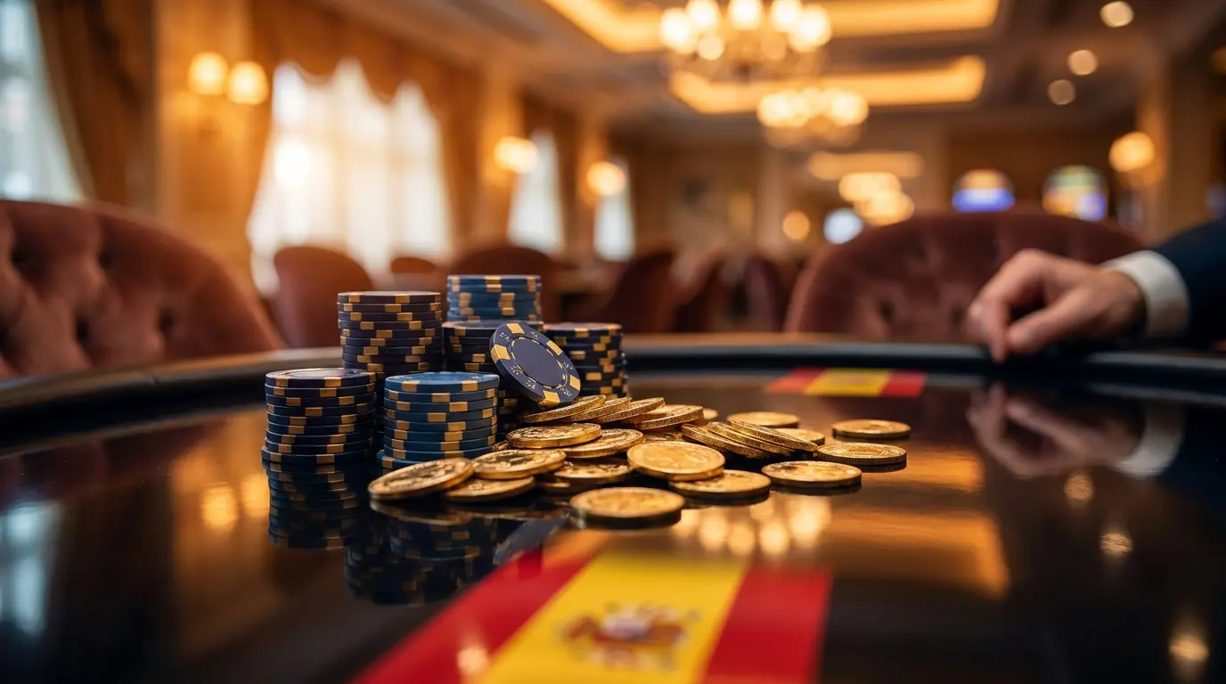 Fichas de casino y monedas con colores de España