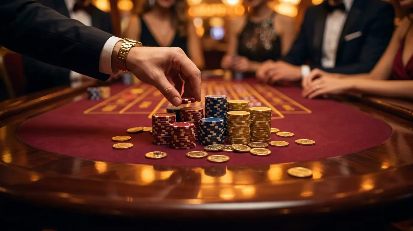 Fichas de casino y monedas doradas sobre mesa con colores españoles