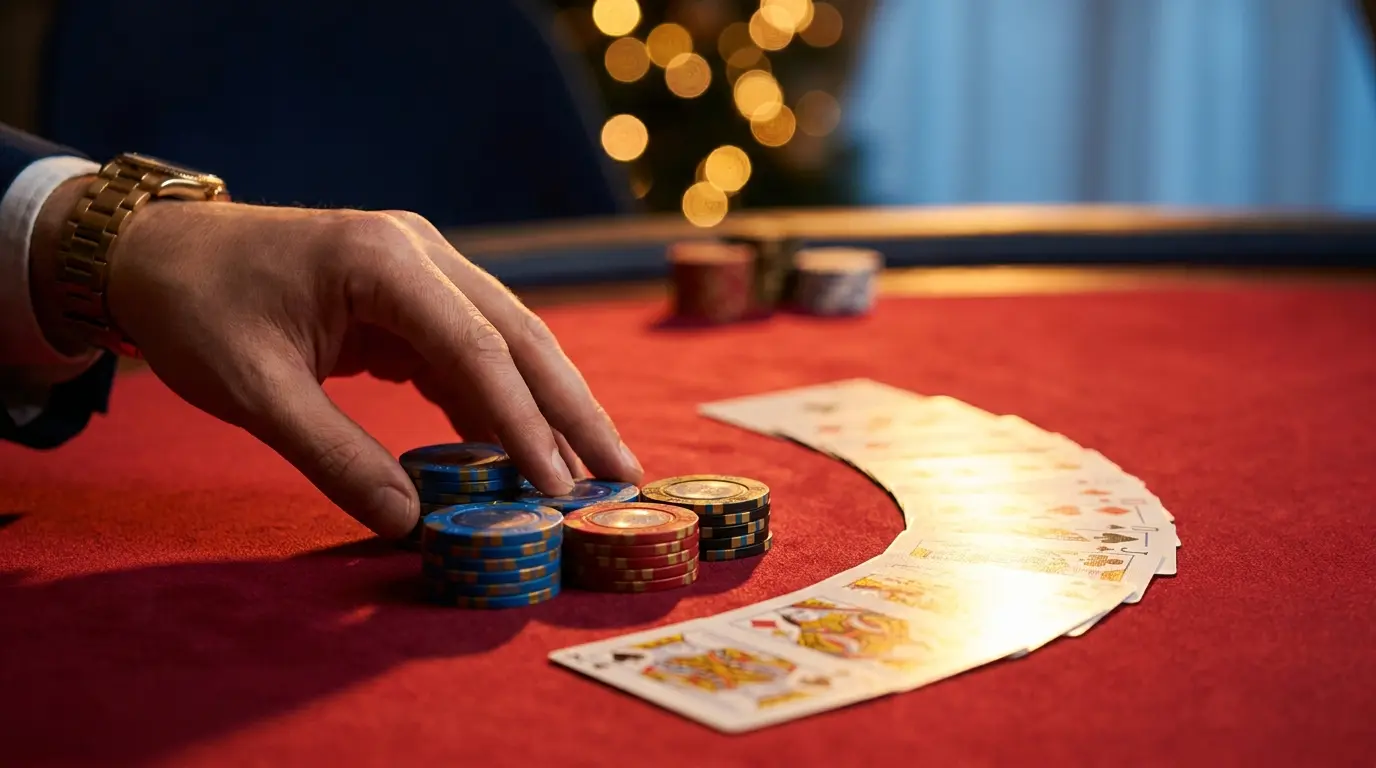 Fichas de casino y cartas sobre mesa roja con ambiente acogedor