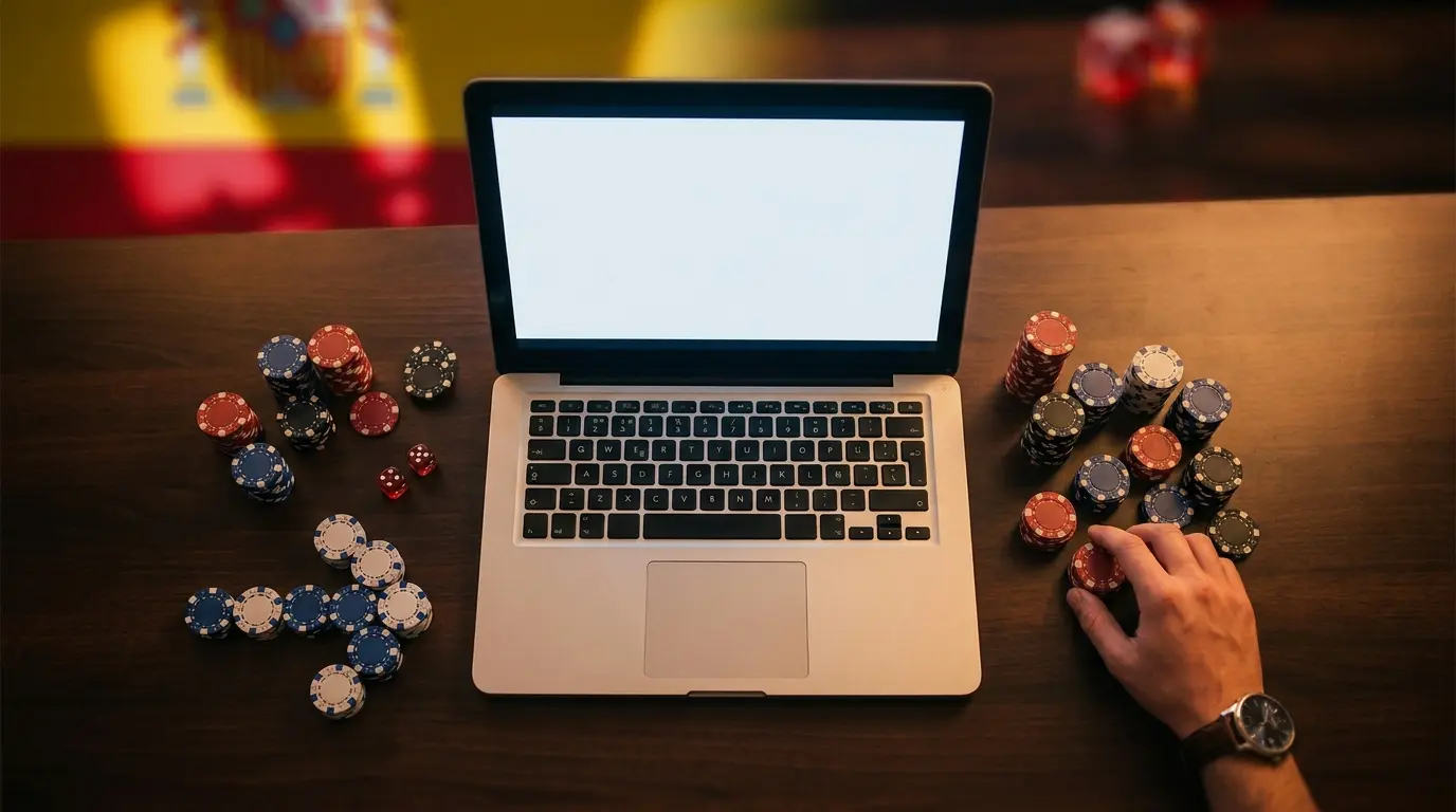Ordenador portátil rodeado de fichas de casino y dados