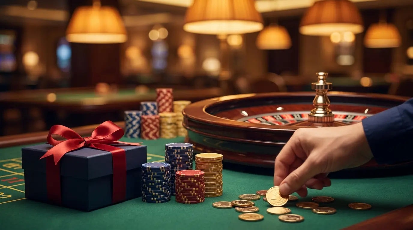 Fichas de casino apiladas con caja de regalo de bienvenida