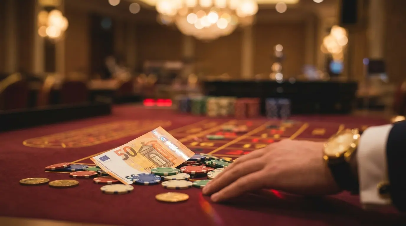 Billetes de euro con fichas de casino sobre mesa de fieltro rojo