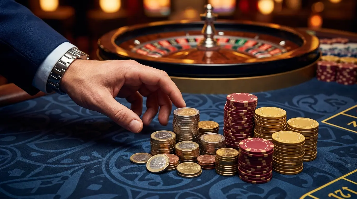Monedas de euro y fichas de casino sobre mesa de fieltro rojo