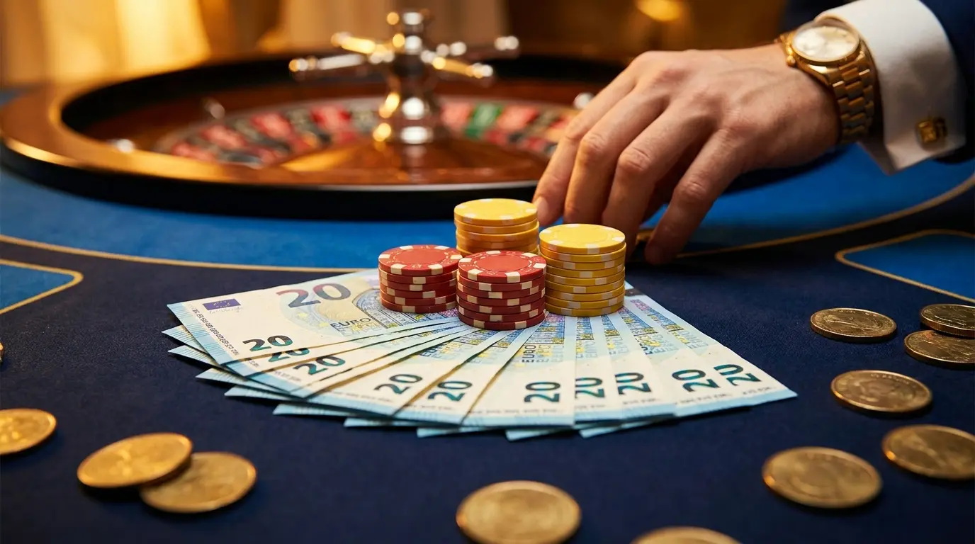 Billetes de euros con fichas de casino sobre mesa de ruleta