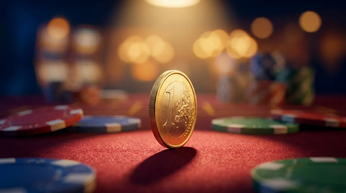 Moneda de euro con fichas de casino sobre tapete rojo