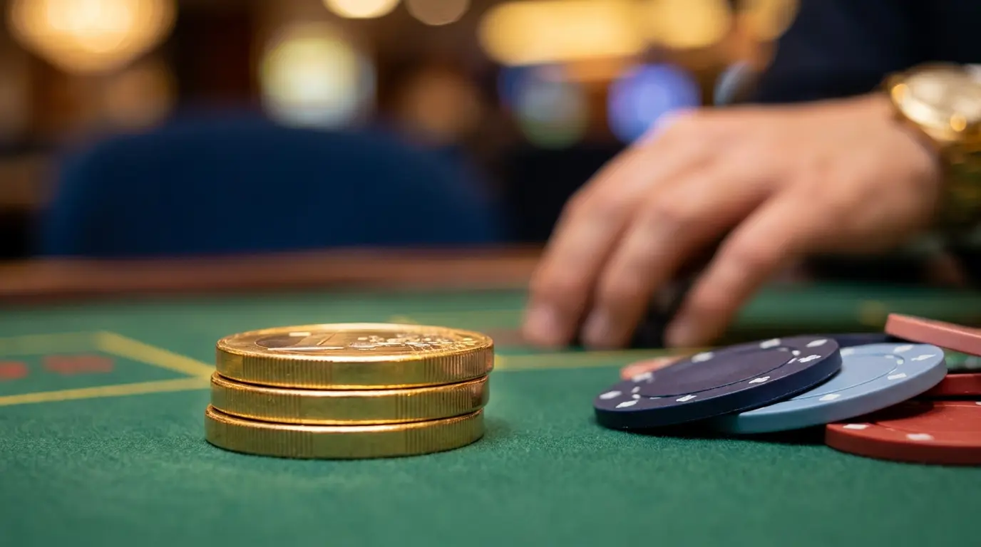 Monedas de euro apiladas junto a fichas de casino sobre tapete verde