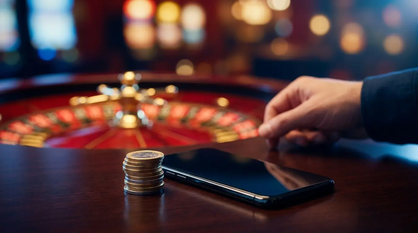 Monedas de euro junto a móvil con ruleta al fondo