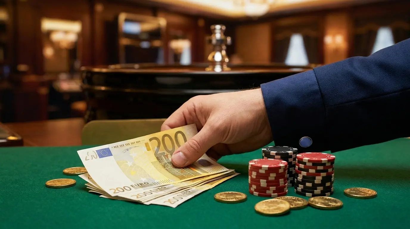 Billetes de euro junto a fichas de casino sobre tapete verde