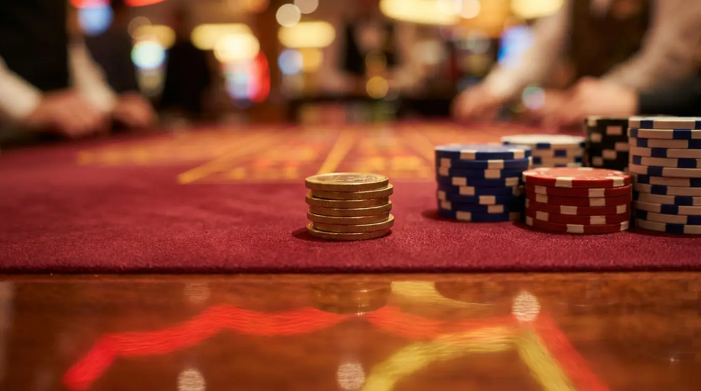 Monedas de euro y fichas de casino sobre tapete rojo