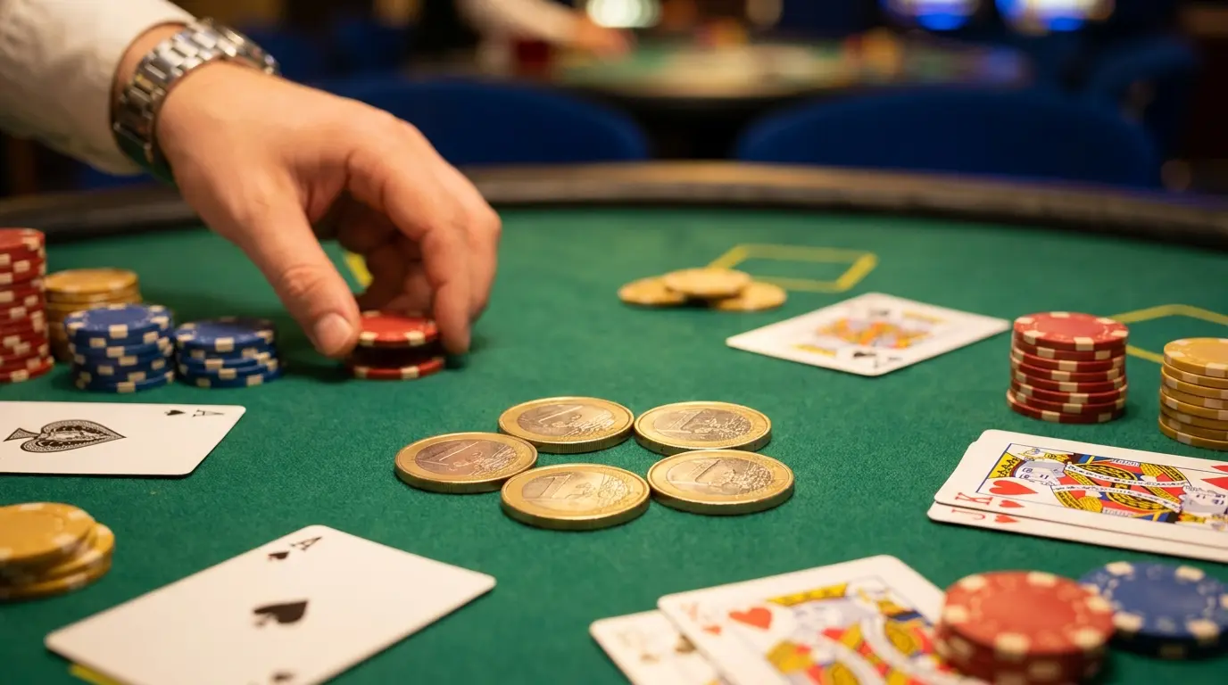 Monedas de cinco euros rodeadas de fichas de casino