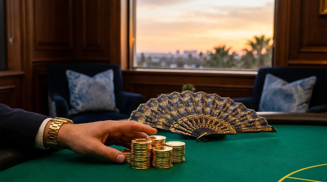 Fichas de casino doradas sobre mesa de fieltro verde