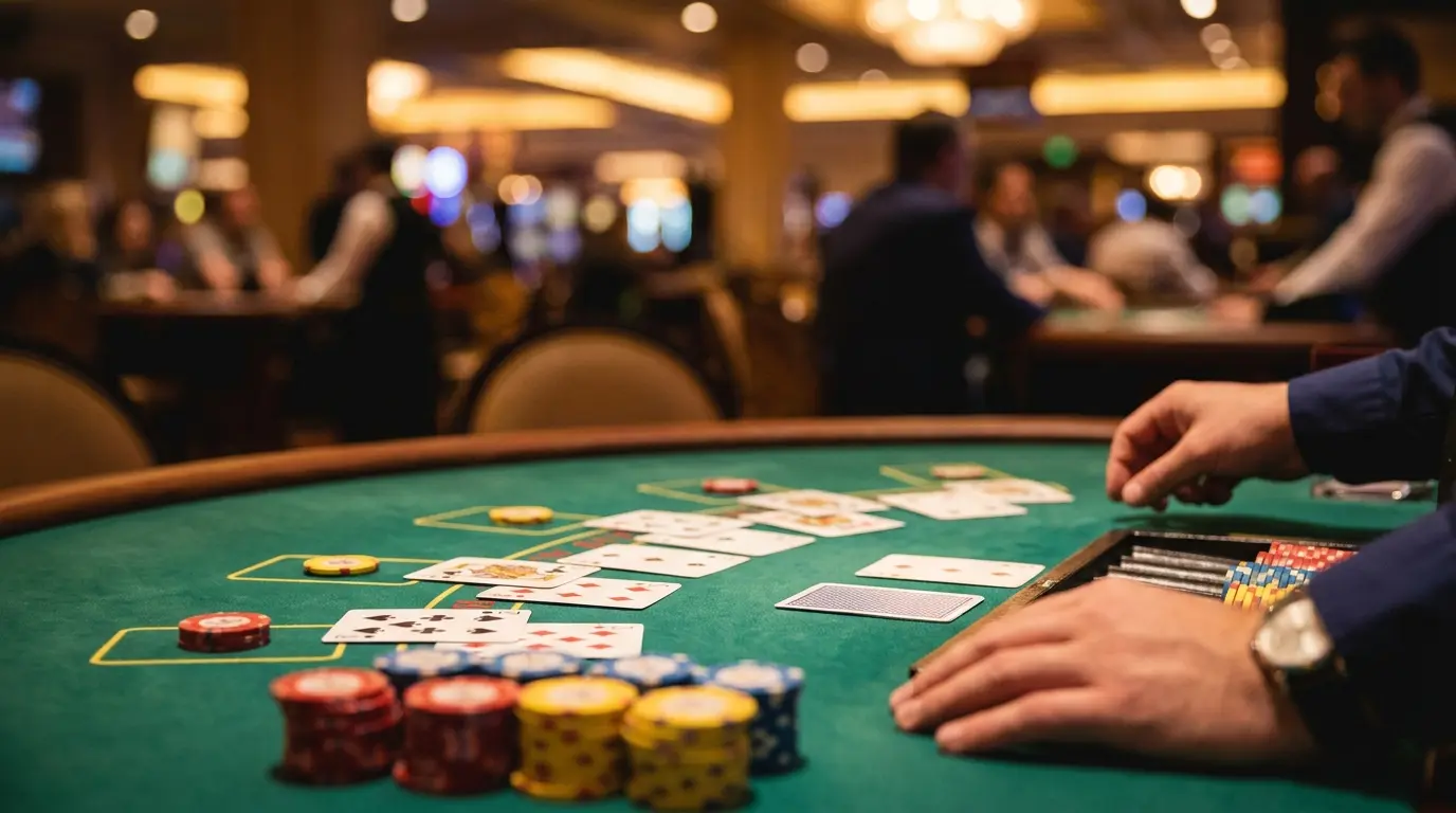 Mesa de blackjack con cartas y fichas en casino en vivo
