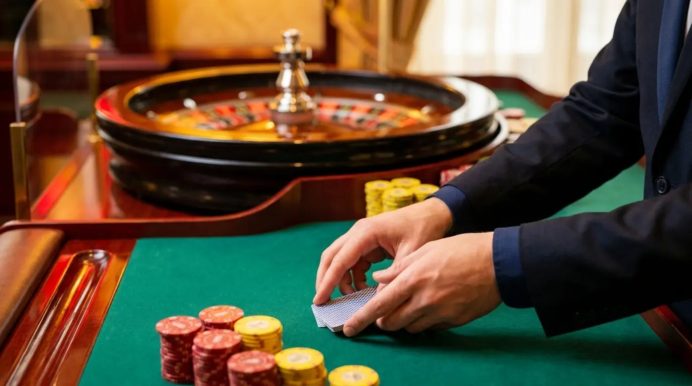 Mesa de casino en vivo con crupier repartiendo cartas