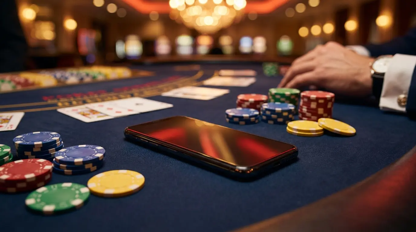 Móvil rodeado de fichas de casino y cartas sobre mesa de juego