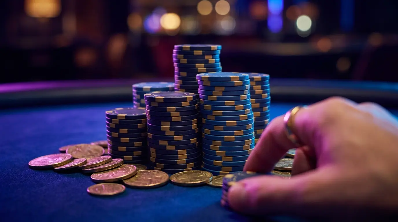 Fichas de casino y monedas sobre terciopelo azul con luz neón