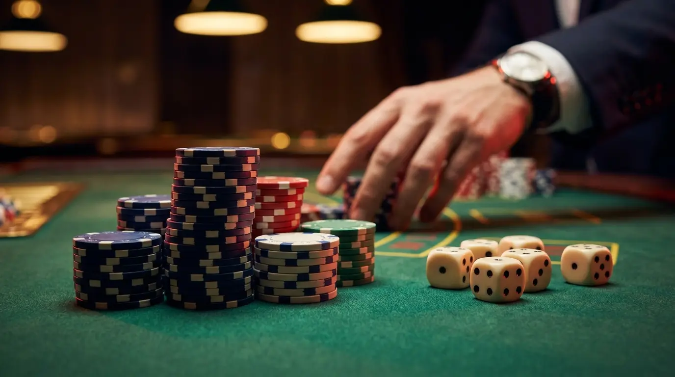 Fichas de póquer y dados sobre mesa de casino en España