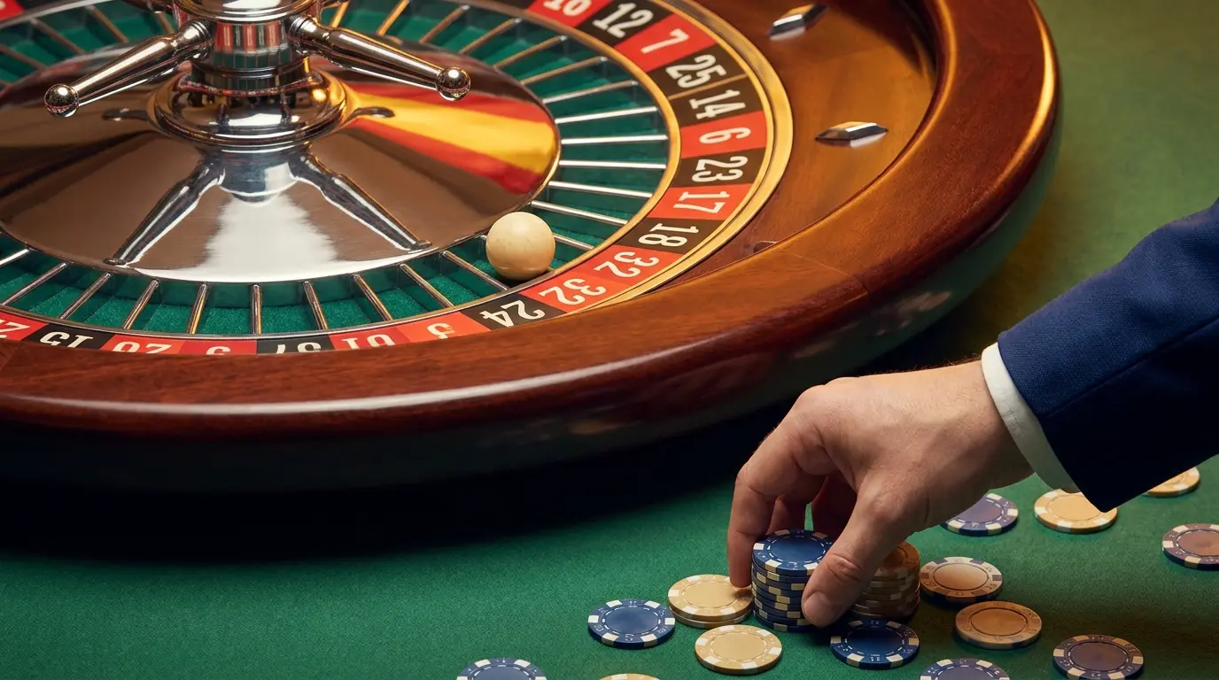 Bola de ruleta en bolsillo rojo con fichas de casino