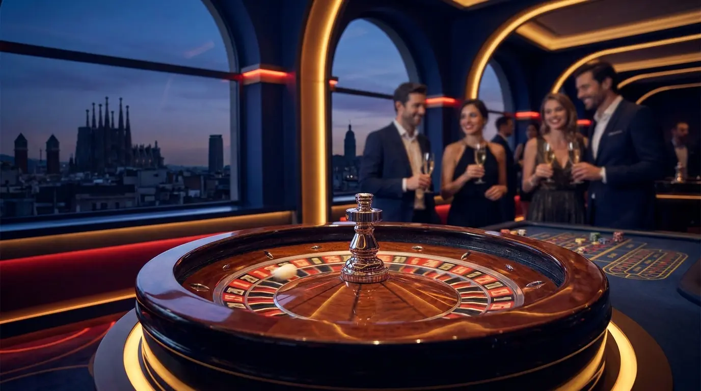 Ruleta en movimiento con horizonte de Barcelona al atardecer