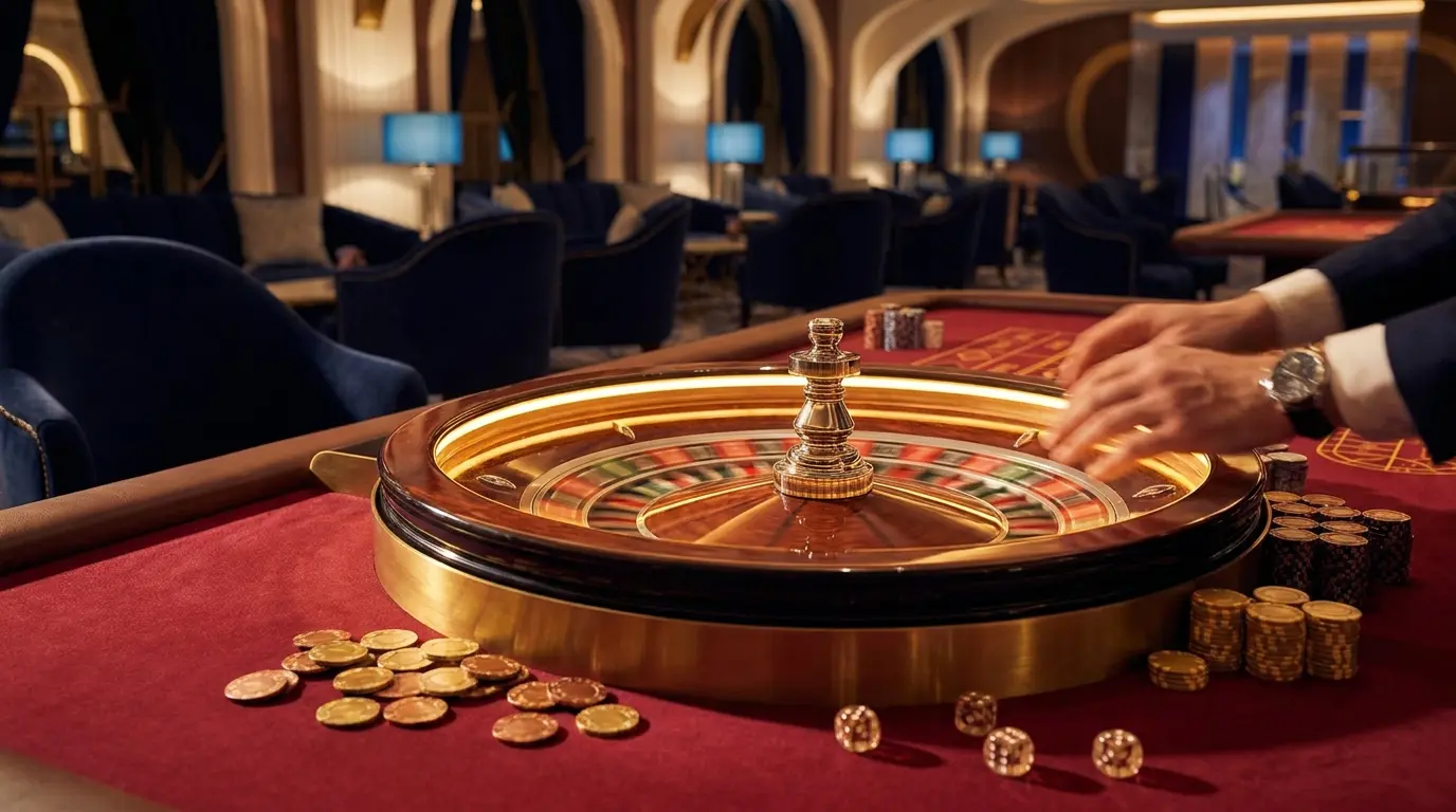 Ruleta girando con fichas de póker y dados sobre mesa de casino