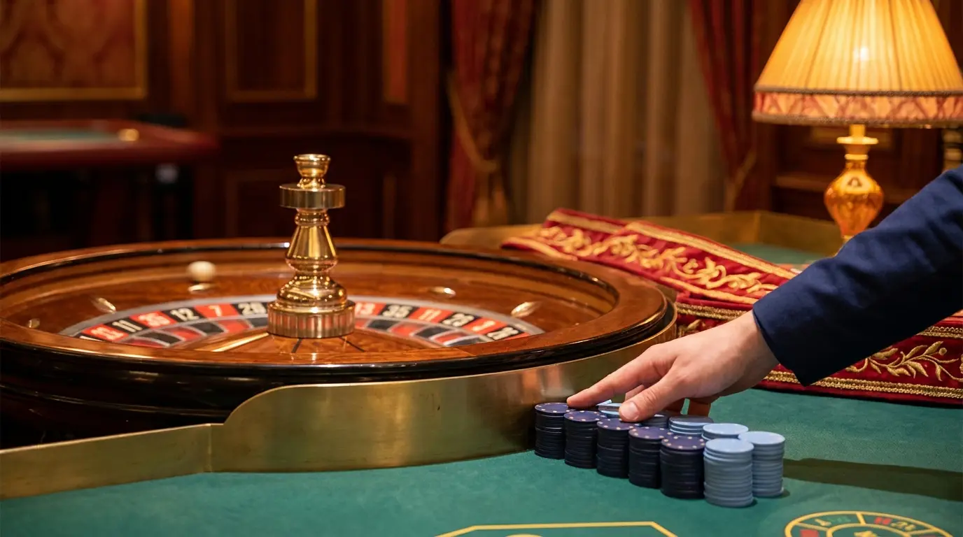 Ruleta y fichas de casino con iluminación cálida