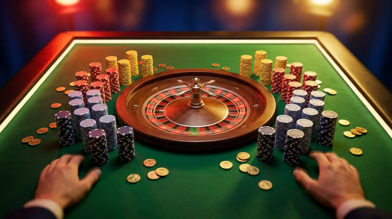 Ruleta girando con fichas y monedas apiladas