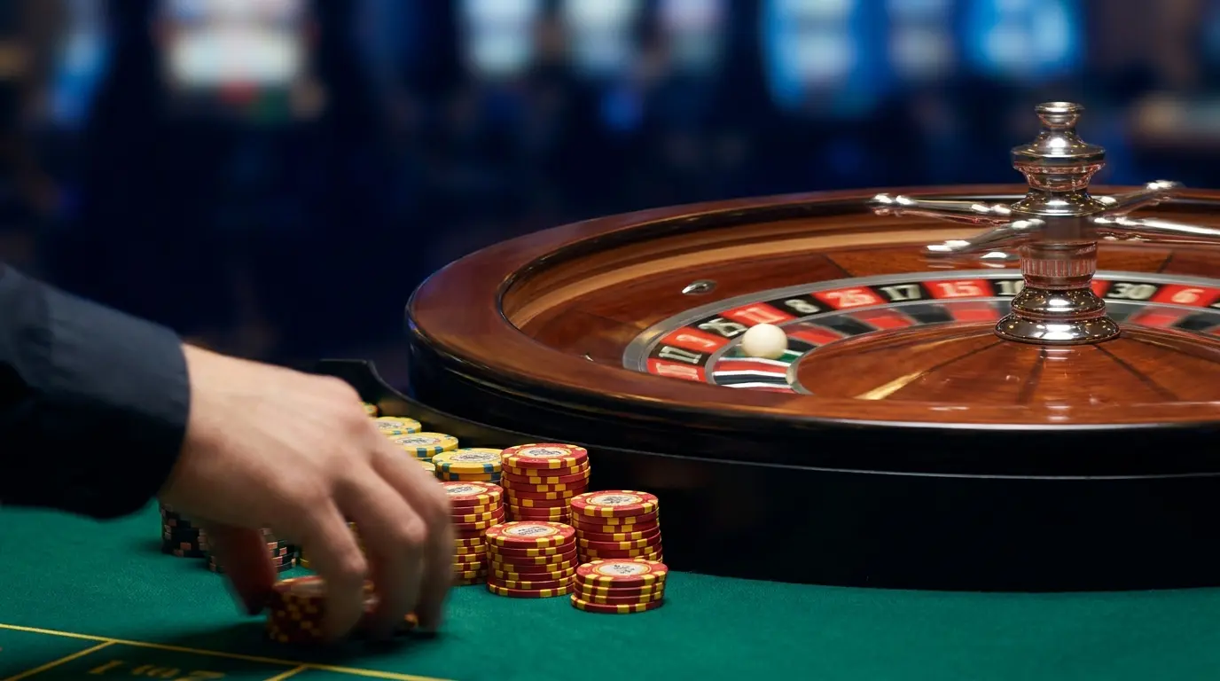 Ruleta de casino girando con fichas sobre tapete verde