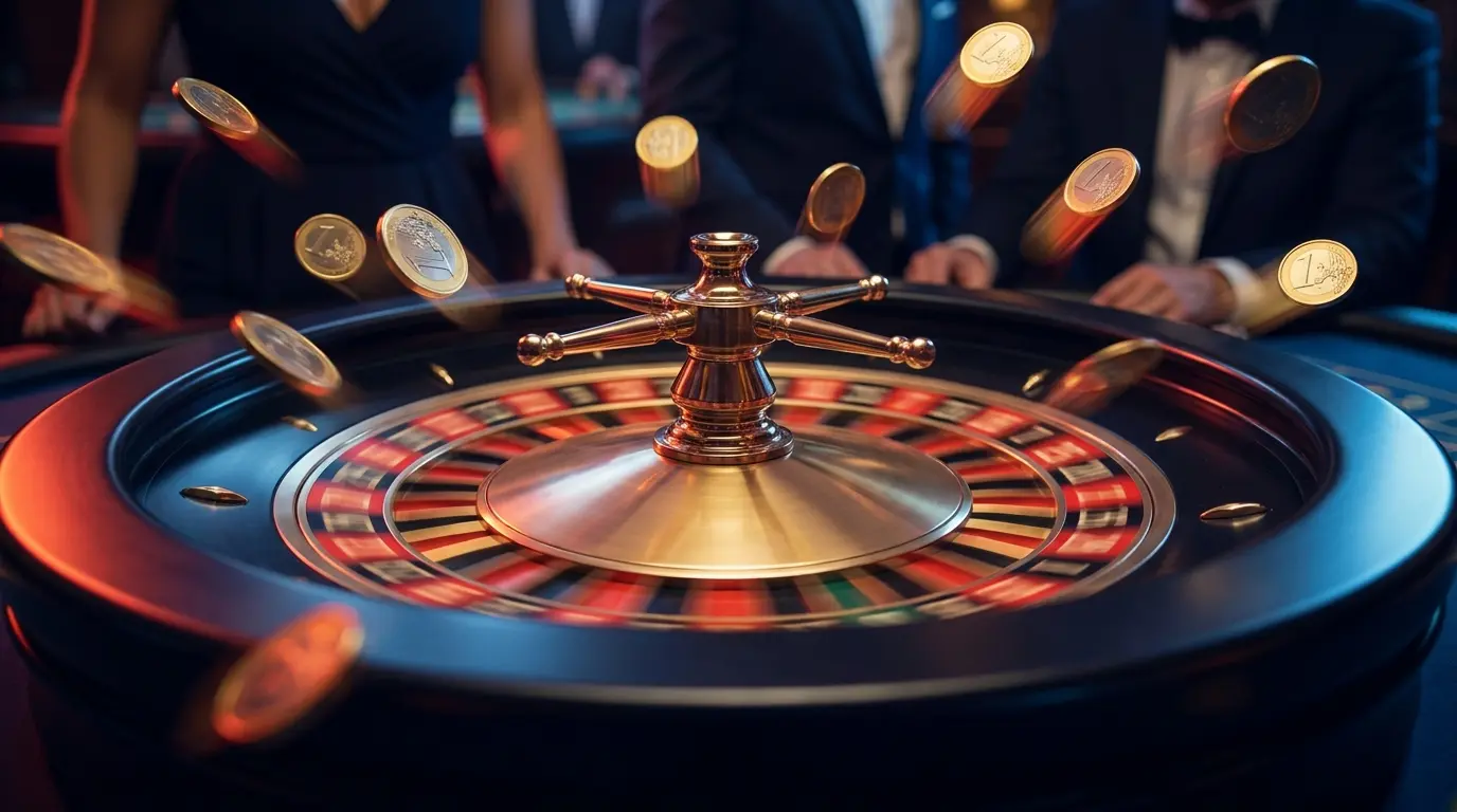 Ruleta girando con monedas de euro en movimiento