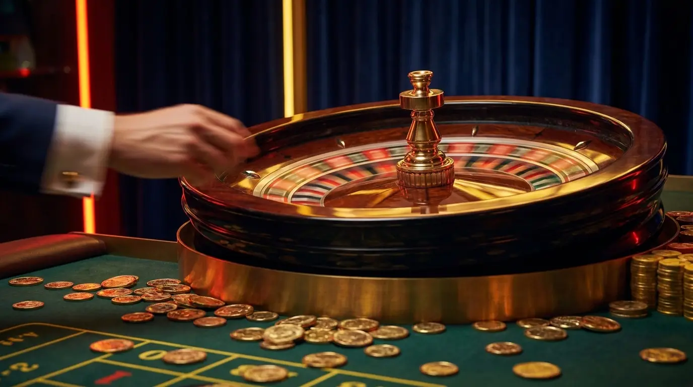 Ruleta girando con monedas doradas en mesa de casino