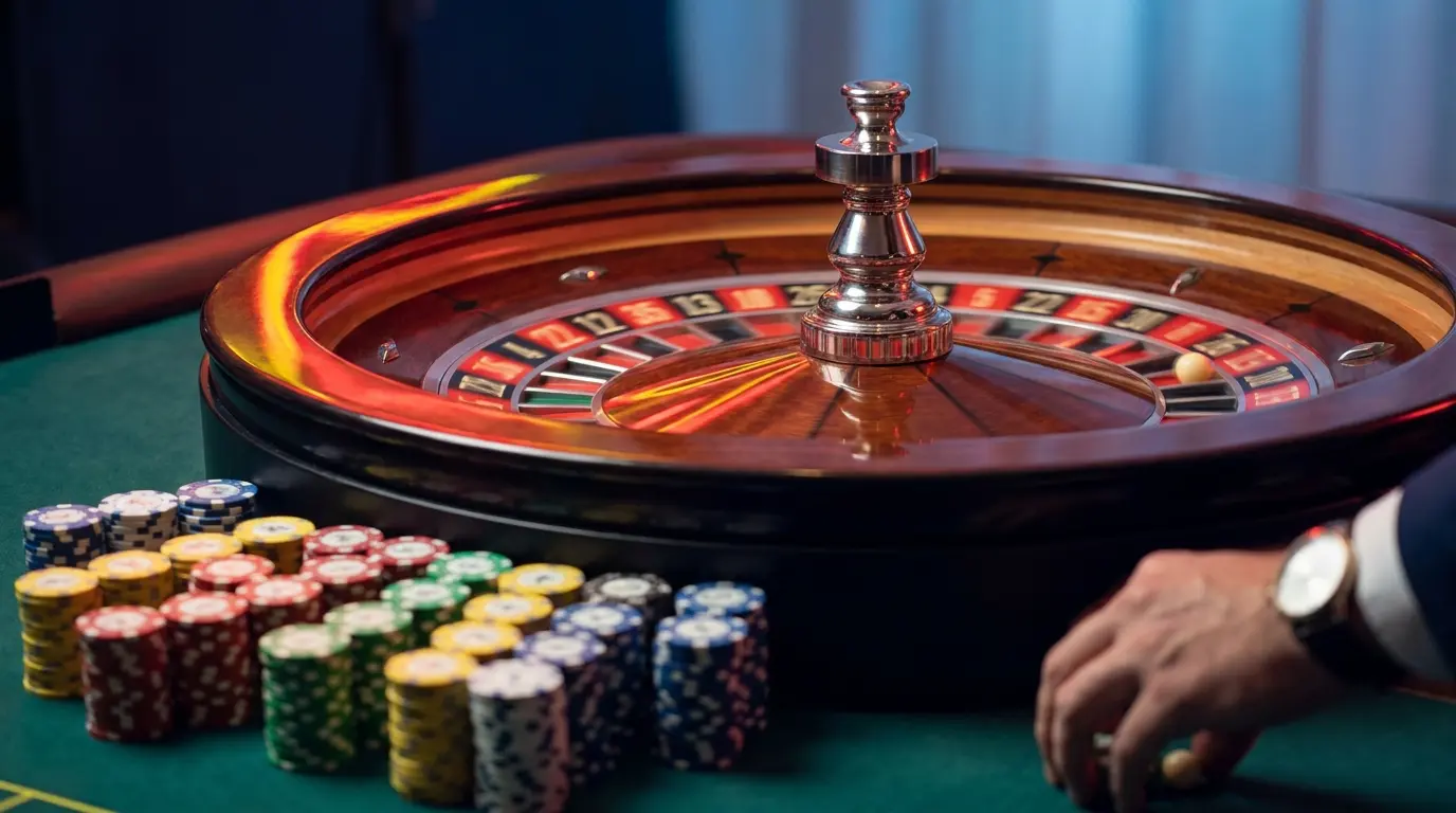 Ruleta girando con fichas en mesa de casino