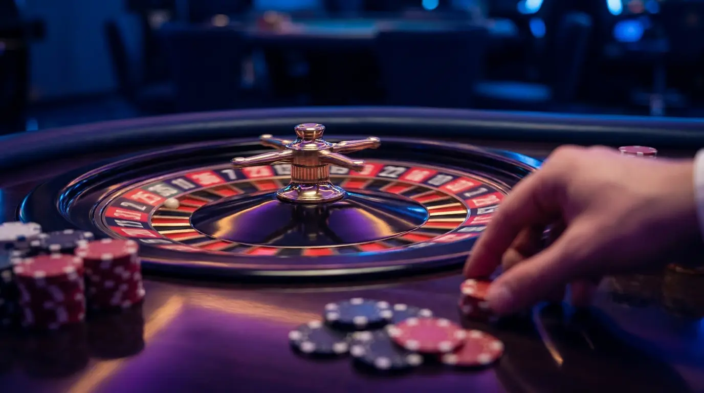 Ruleta girando con fichas de casino y luces de neón