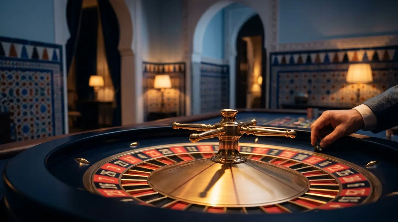 Ruleta de casino girando con elementos arquitectónicos españoles